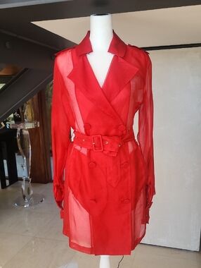 Elie Tahari Sheer Red Long-Sleeve Belted Trench Dress Or Coat